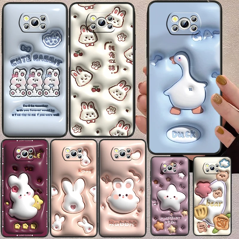 

Nonstereoscopic 3D Vision Rabbit Black Phone Case For Xiaomi Mi Poco X5 X3 Pro X4 F4 F3 GT M5 M5s M4 M3 C55 C50 C40 5G
