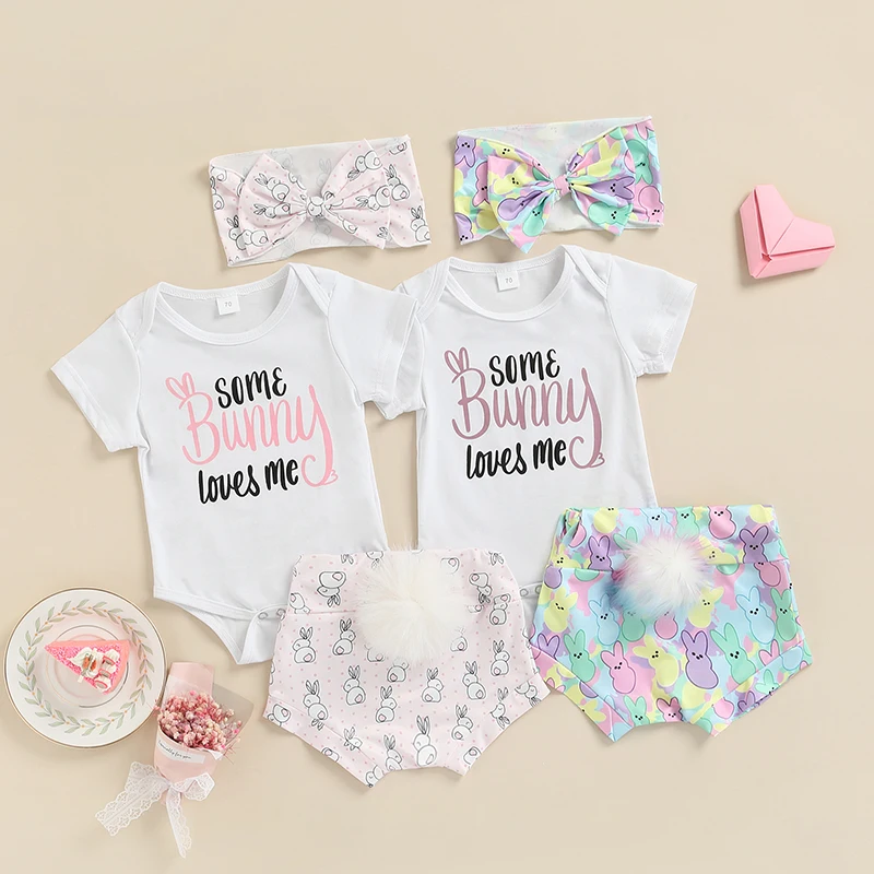 

0-18M Easter Days Baby Girls Boys Clothes Set 3pcs Rabbit Letter Short Sleeve Romper Tail Shorts Headband Clothing Drop Shipping