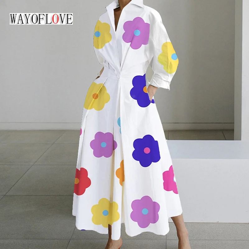 

WAYOFLOVE Ladies Long White Dress V-neck Flower Print Long Sleeve Vestidos Female Elegant Office Lady Dresses Button Dress Women