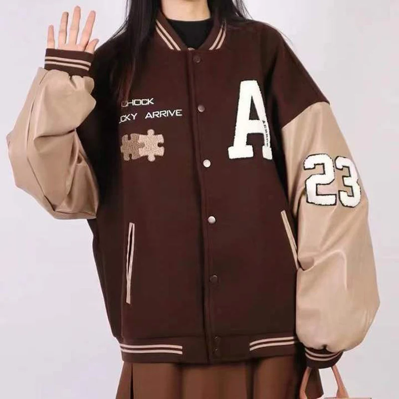 

2022 vintage coffee-colored puzzle jacket jacket men and women casual couple student baseball jacket fall winter trend jacket