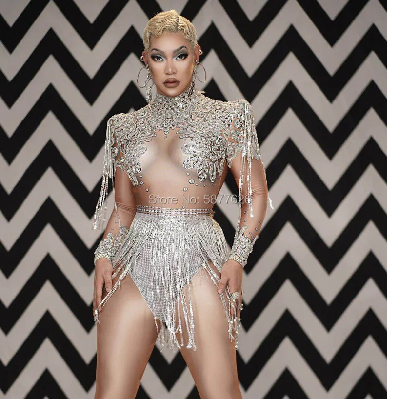 

Сексуальный боди, блестящий женский костюм с бахромой, женский костюм для ночного клуба, танцевальный костюм певицы для выступления на сцене