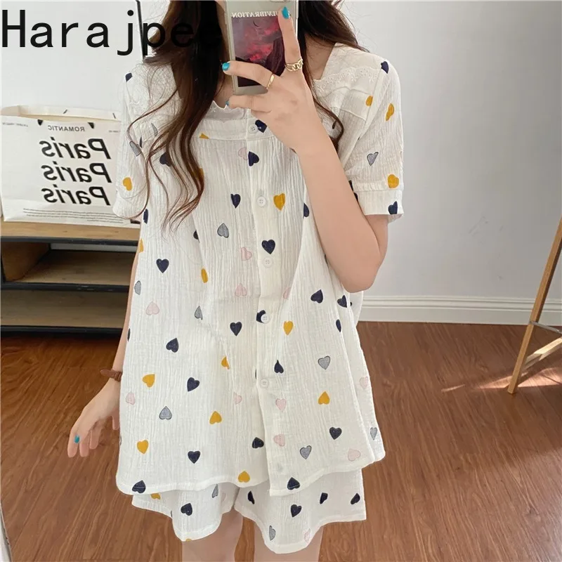 

Harajpee Sweet Heart Print Pajamas Set Ins Square Collar Japanese Style Cotton Sleepwear Short Sleeve Nightdress Summer New 2022