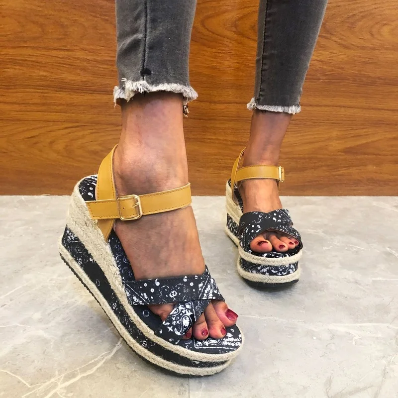 

Large Size Female Sandal Riband Wedge Low-Heeled Shoes With Strap 2022 Women's Buckle Big Girls Platform Low-heeled Fashio