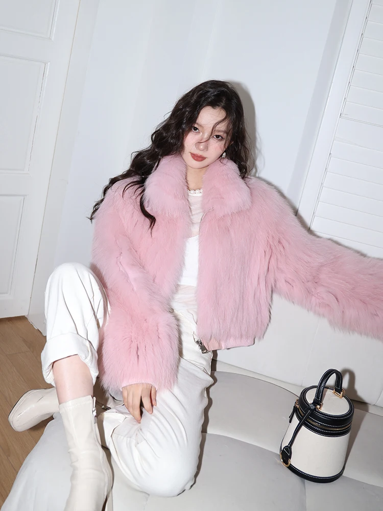Natural Fox Fur Winter Women Jacket Cropped Fashion Strip Sewed Toghter Design Zipper Pink Real Fur Coat Female manteau femme