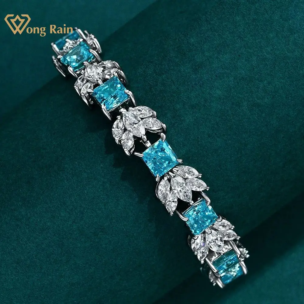 

Wong Rain Luxury Solid 925 Sterling Silver Princess Cut 6*6 MM Aquamarine Gemstone Chain Bracelet Bangle Fine Jewelry Wholesale