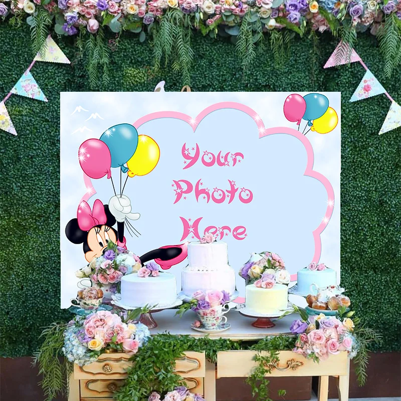 

Cartoon Disney Colorful Balloons Backdrop Girls Princess Pink Bow Tie Minnie Mouse Baby Happy Birthday Party Backgrounds Banner