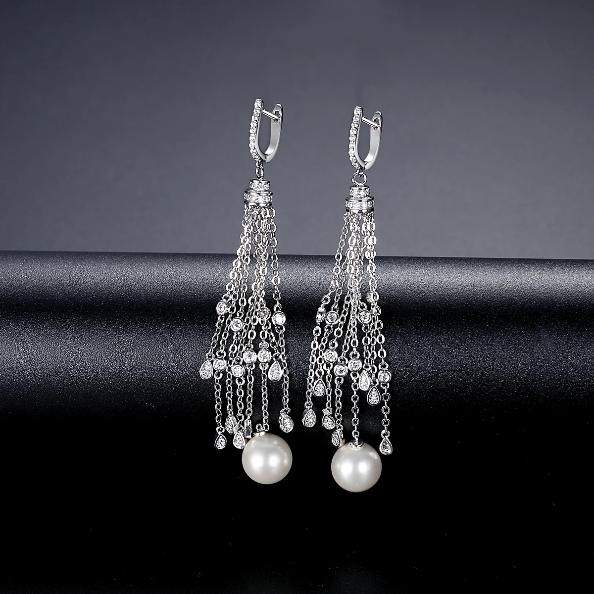 LUOTEEMI Crystal Shell Pearl Long Tassel Drop Earrings Brincos Grandes Silver Color Trendy Jewelry for Women Statement Jewelry images - 6
