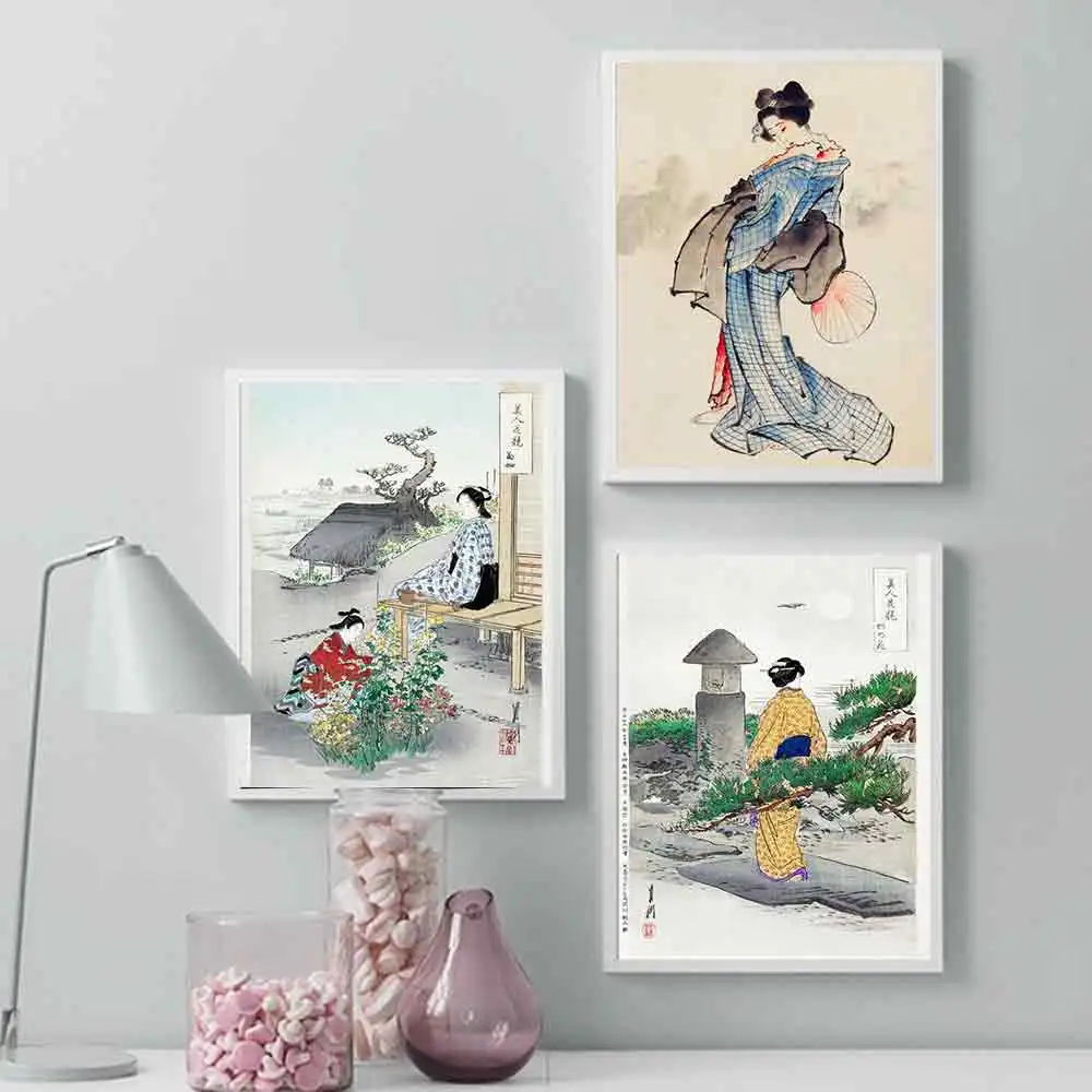 

Abstract vintage japanese art kimono geisha Japanese retro woman and garden canvas painting wall art modern stylish home decor
