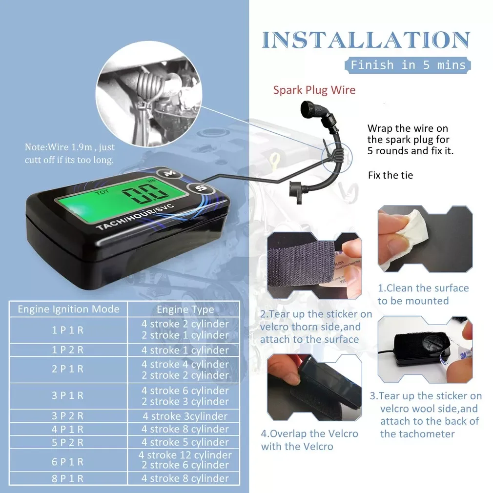 

Tach Hour Meter SVC LCD Digital Tachometer Engine Resettable Maintenace Alert RPM Counter