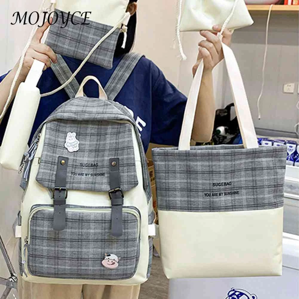 

5pcs/set College Student Rucksack Fashion Plaid Harajuku Bookbag Large Capacity Nylon Adjustable Strap Simple Cute for Vacations
