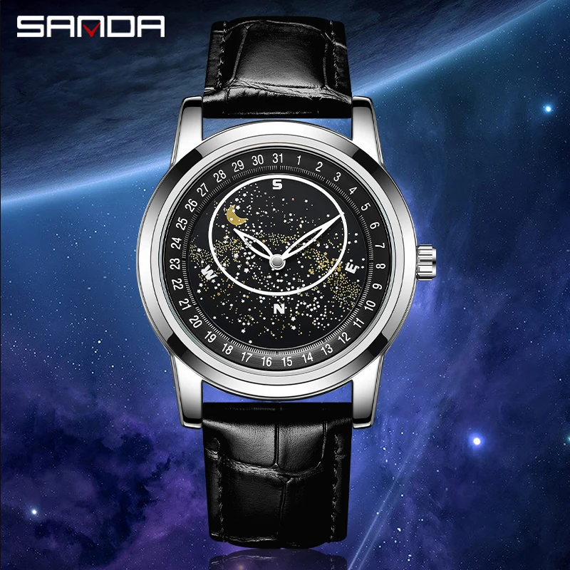 

Часы наручные SANDA Мужские кварцевые, модные трендовые водонепроницаемые светящиеся ночью, с ремешком и вращающимся циферблатом, в Корейском стиле, 7002