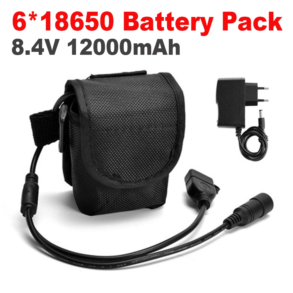 

8.4V 12000mAh 6x 18650 Battery Pack + Lithium Ion Battery Bag for Bike Flashlight Bicycle Light Accessories Headlight Headlamp