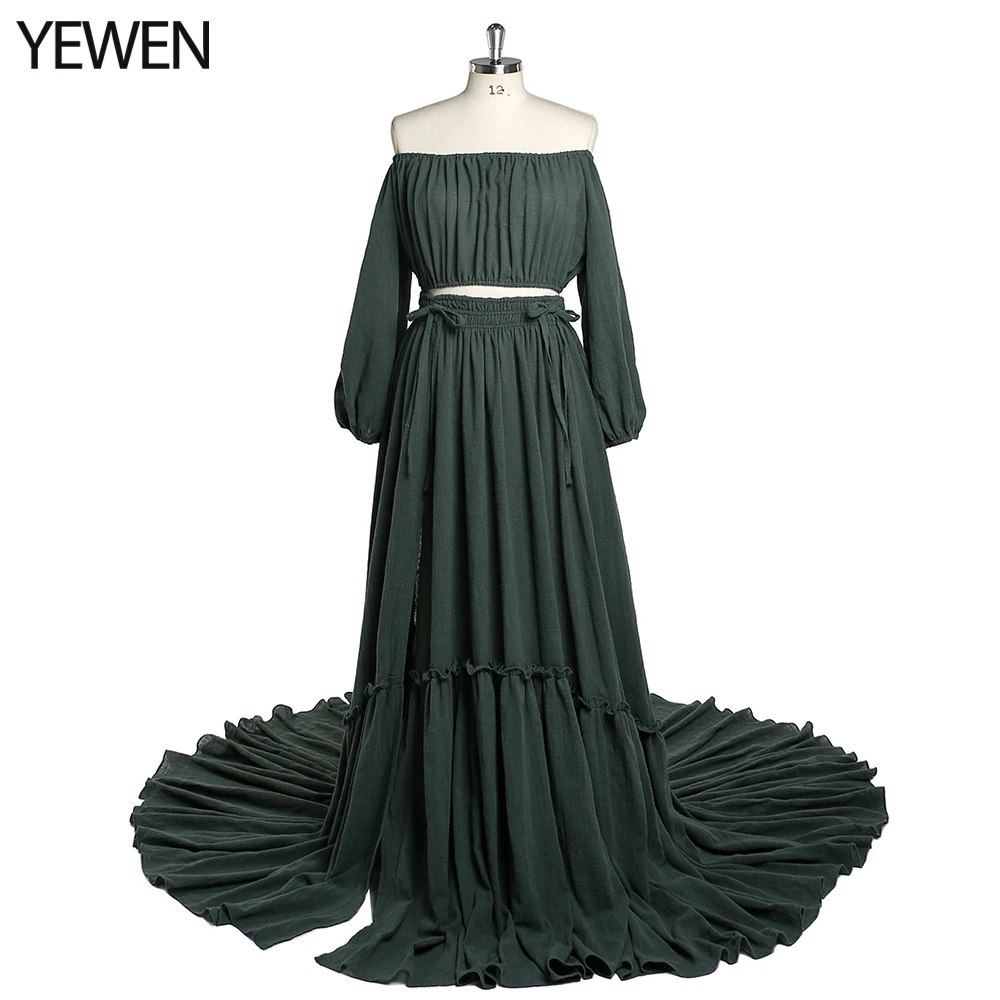 Off Shoulder Two Pieces Gown Beach Maternity Dresses Long Sleeves Photography Dress Baby Shower Dress YEWEN 2021YD211203