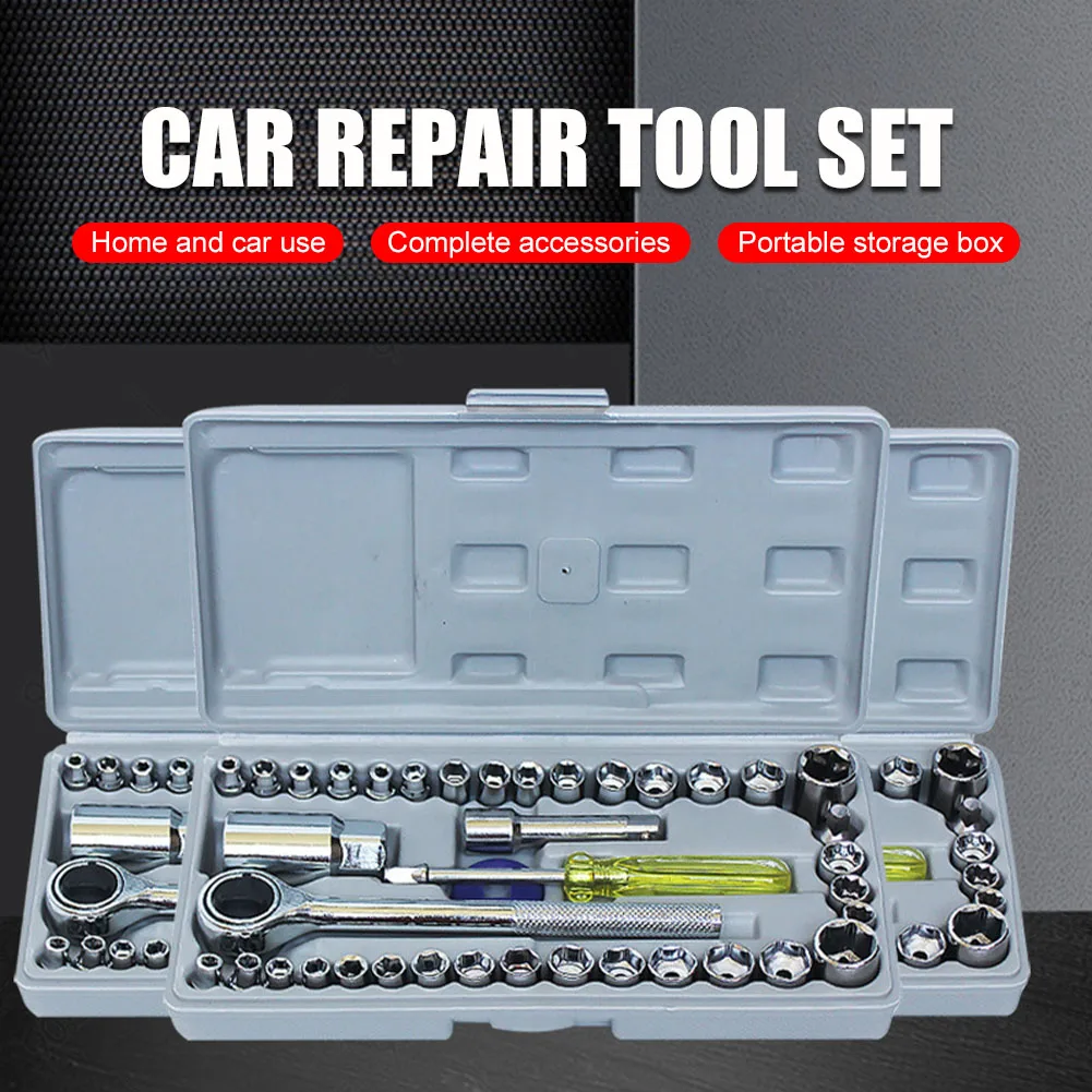 

40Pcs Universal Socket Wrench Set Hand Tool Carbon Steel SAE/Metric 1/4" 3/8" Drive Ratchet Spinner Wrench Set Car Repair Tool