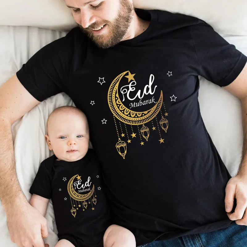 Eid Mubarak Print Family Matching Shirts Cotton Dad Mom Kids Tees Tops Baby Rompers Funny Family Look Ramadan Mubarak Outfits