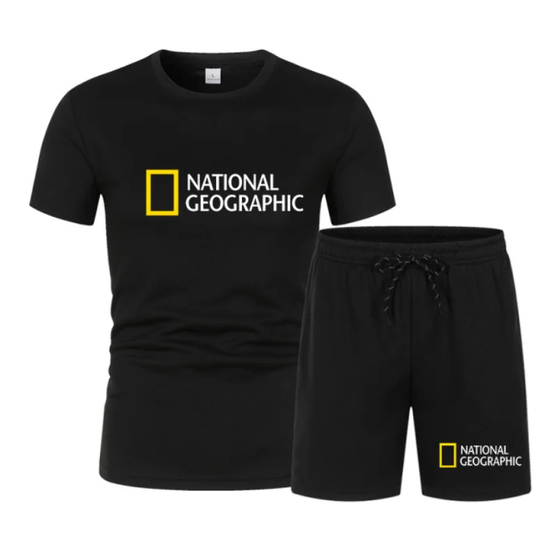 

New National Geographic Logo Color Printing Men's Sportswear Two-piece Suit Fitness Uniform Short-sleeved Blue T-shirt+Shorts