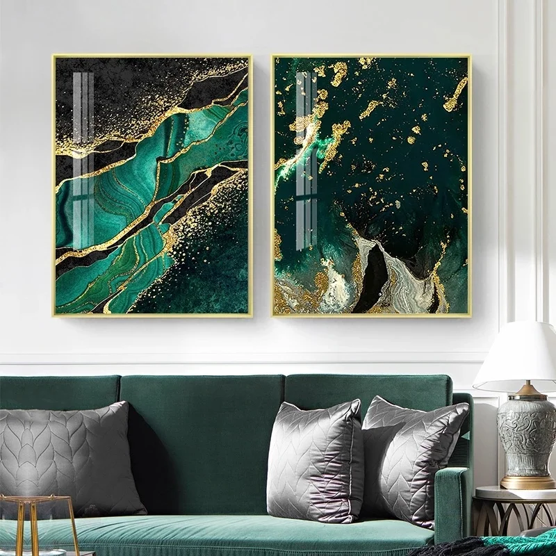 

2022 Room Decoration Golden Green Onyx Light Luxury Canvas Poster Abstract Line Wall Art Modern Painting Living Room Decoration