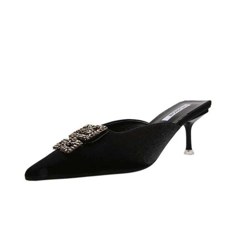 

High Heels Female Summer Korean Style Half Slipper Women Pointed Rhinestones Buckle Woman Shoes