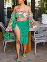 summer beach style two piece set women fashion sexy printed off the shoulder tube top fold lace up slit skirt 2 piece suit women