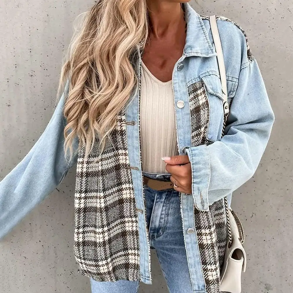 

Women Jackets Plaid Print Contrast Color Patchwork Long Sleeves Turn-down Collar Keep Wram Cardigan Lady Autumn Coat