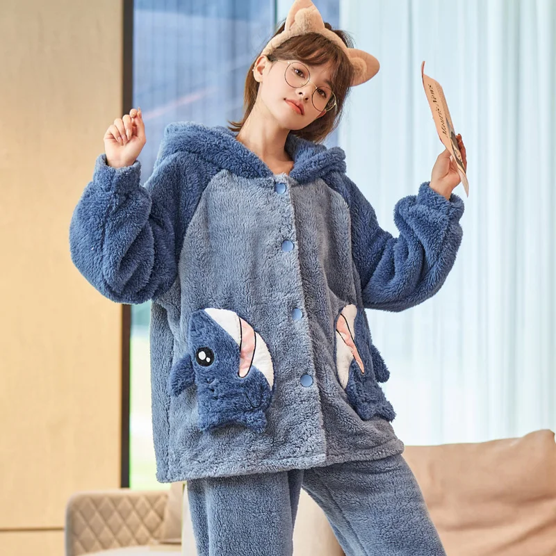 FUNISHI Winter Pajamas Plus Size 3XL Plush Women's pajamas Loose Version Hooded Pajama Set Cartoon Inspissate пижама женская