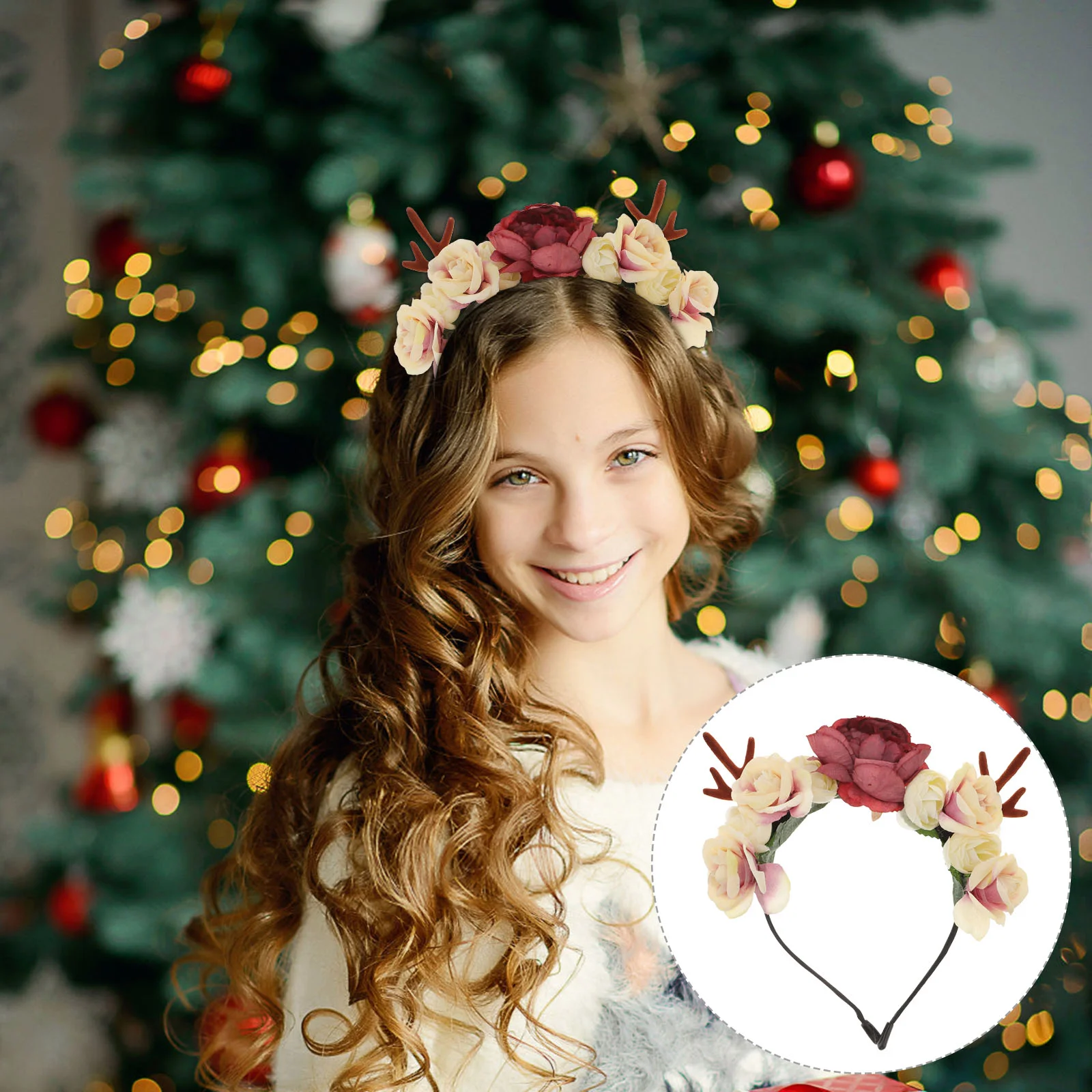 

1pcs Holiday Antler Headbands, Christmas Elk Antlers Rose Flowers Hair Hoops for Children
