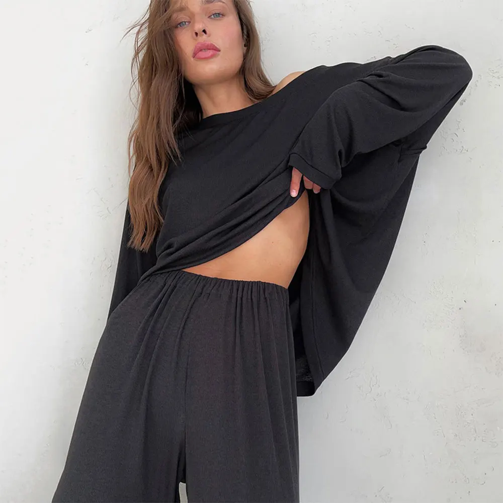 Women Spring Autumn Fashion Pajama Set Round Collar Knit Solid Color Loose Simple Outside Wear Home Clothing