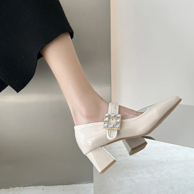 

Korean Shoes Buckle Female Footwear Square Toe Crystal Casual Sneaker 2022 Wedding Dress Retro Rhinestone Solid Flat Mary Janes