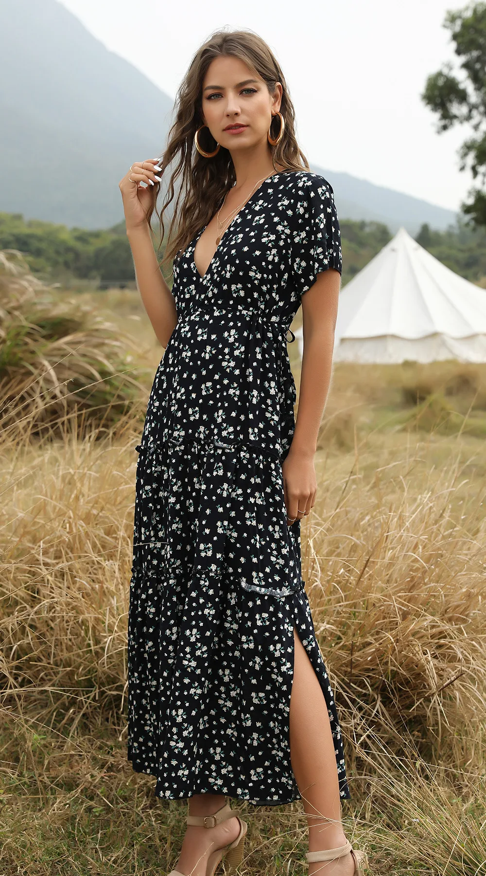 

Print Ruffles Sexy Vacation Beach Dress Slit 2022 Floral Women Summer V Neck Drawstring Waist Elegant Boho Maxi Long Dresses