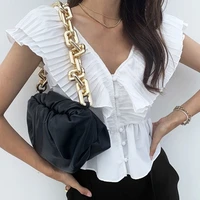 womens blouse solid color white lotus leaf pleated shirt short sleeve v neck single breasted top japan korean style summer