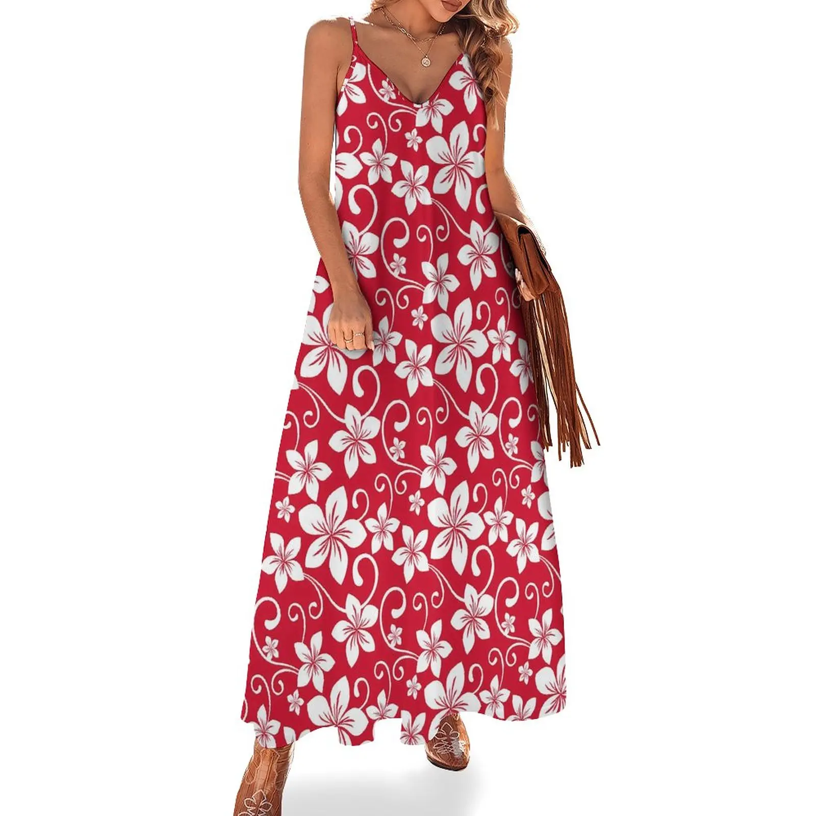

Tropical Floral Dress Red Flowers Street Wear V Neck Casual Long Dresses Woman Graphic Modern Maxi Dress Large Size 3XL 4XL