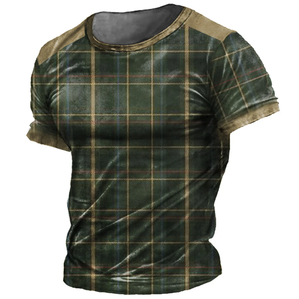 

T-shirts Men Short Sleeve Vintage T Shirt 3D Plaid Printed Crew Neck Tee Pullover Blouse Tops Everyday Shirts Female Tshirts