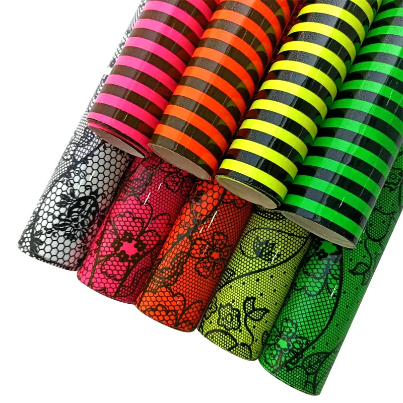 

Flower/Black Stripe Printed Fluorescent PU Faux Leather Fabric Sheet for Making Cover/Hair Bow/Decorative/Craft 30*135CM