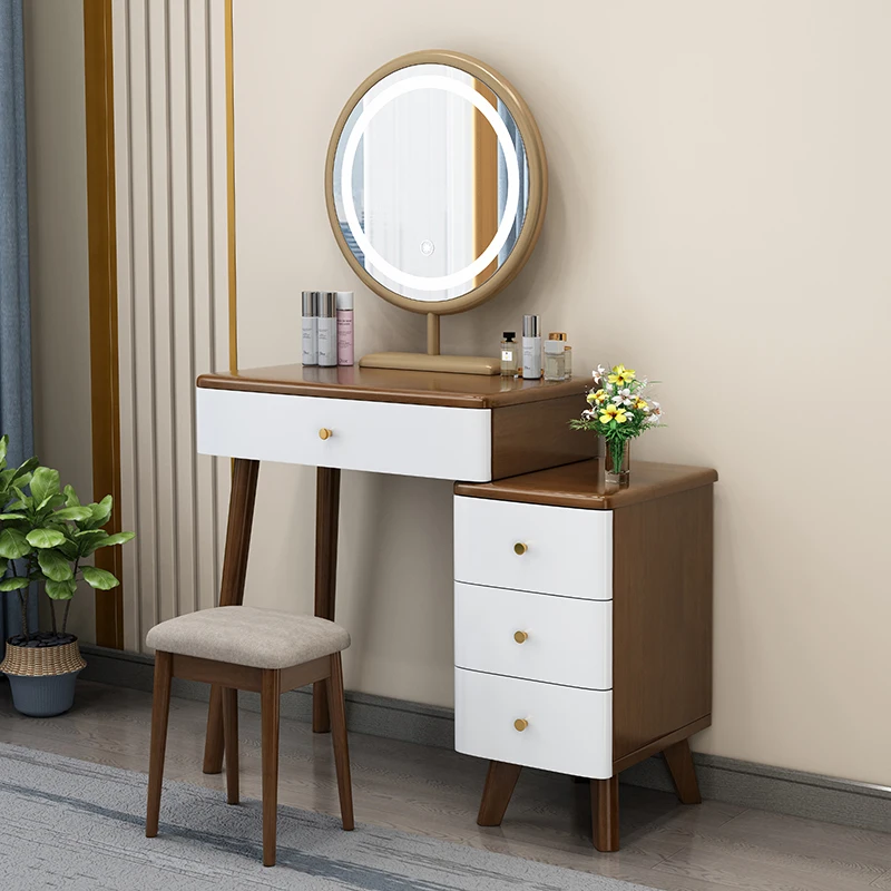 

Nordic Charm Dressing Table Brown Classic Wooden Drawers Dresser Table Japanese Stool Tocador Maquillaje Furniture Comfortable