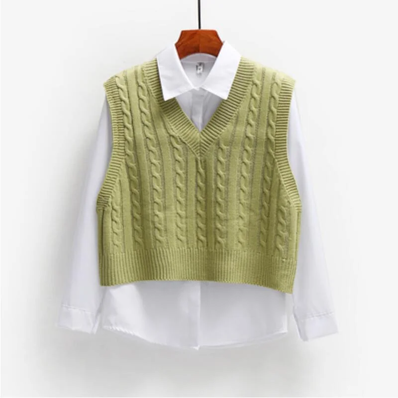 

New Women Knitted Sweater Vest Spring Autumn Short Loose Vintage Sweater Sleeveless Girls V-Neck Pullover Tops Female Outerwear
