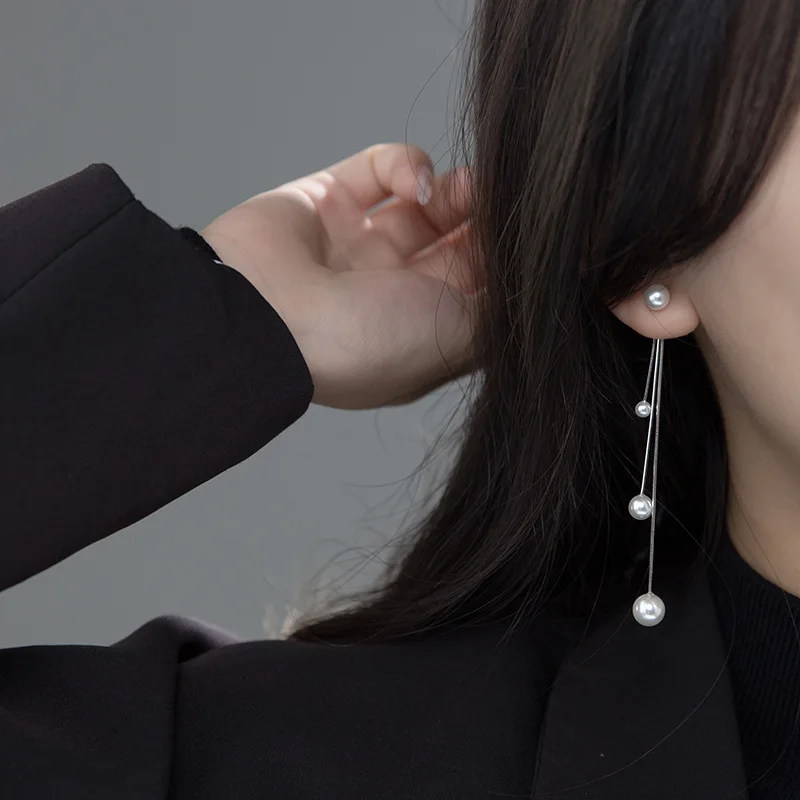 

925 Sterling Long Silver Drop Earrings with Shell Pearl