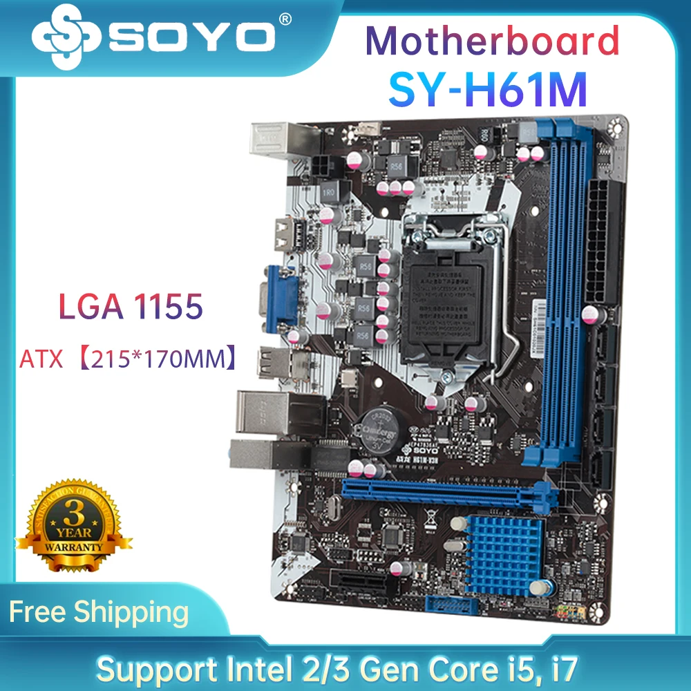 SOYO Новый LGA1155 материнская плата со слотом двухканальный DDR3 SATA интерфейс Intel H61 для