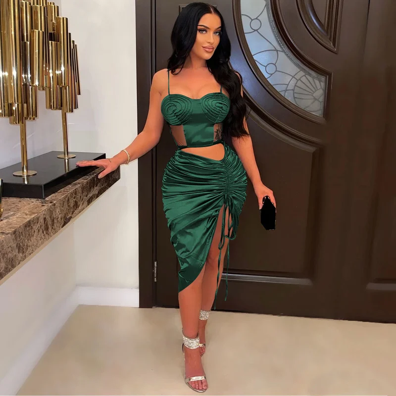 

WUHE Spaghetti Strap Ruched Up High Side Split Irregular Satin Bodycon Dress 2022 Sexy Party Midi Pencil Vestidos Women Dress