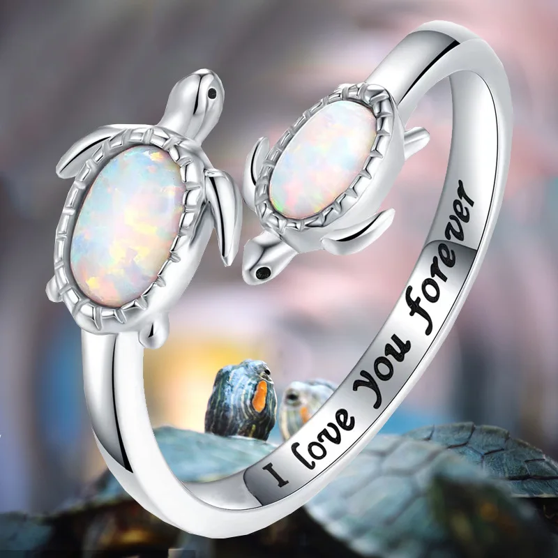 

New Turtle Imitation Opal Women's Ring Letter Design Mother's Day Gift Opening Adjustable Jewelry