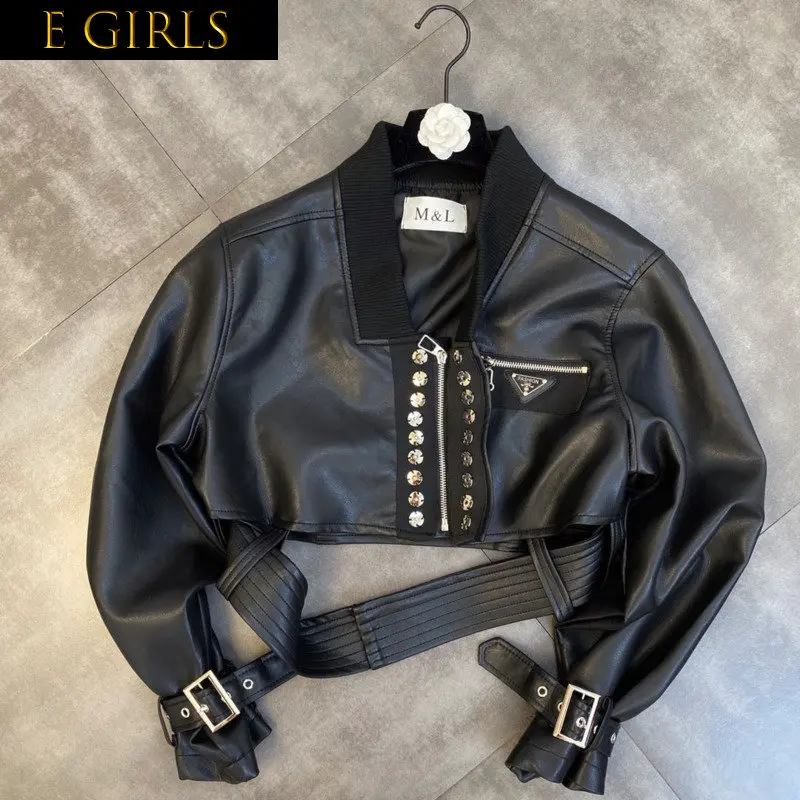 J GIRLS 2022 Fall Winter Long Sleeve Stand Collar Zipper Belt Buttons Black Faux Leather PU Jacket Women Coat GC764