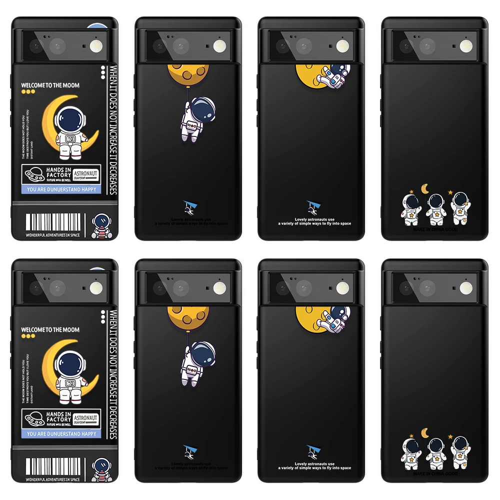 Cute Astronaut Moon Mars Black Soft Phone Case for Google Pixel 6a 7 6 Pro 5 5a 5G 4 4a 5G 4XL 3aXL 3a 3XL 3 2 2XL Back Cover
