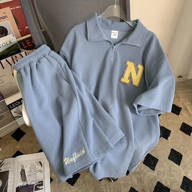 Plus Size Waffle Short-Sleeved T-shirt Two-Piece Women's Summer Plump Girls Loose Shorts Sports and Leisure Suit