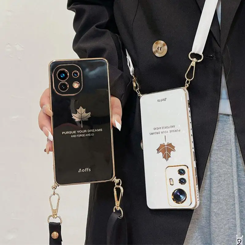 

Mi11lite Crossbody Lanyard Maple Leaf Plating Case On For Xiaomi Mi 11 Lite 5g Ne 11lite 11t 12 12s 12t Pro Cord Silicone Cover