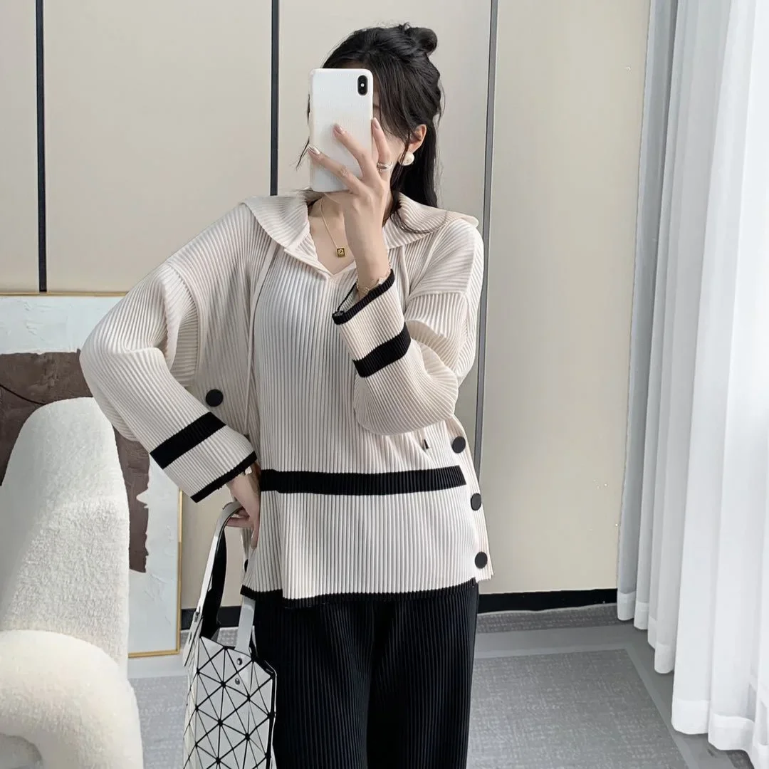 Плиссированный свитер со складками толстовка повседневный Цветной полосатый с