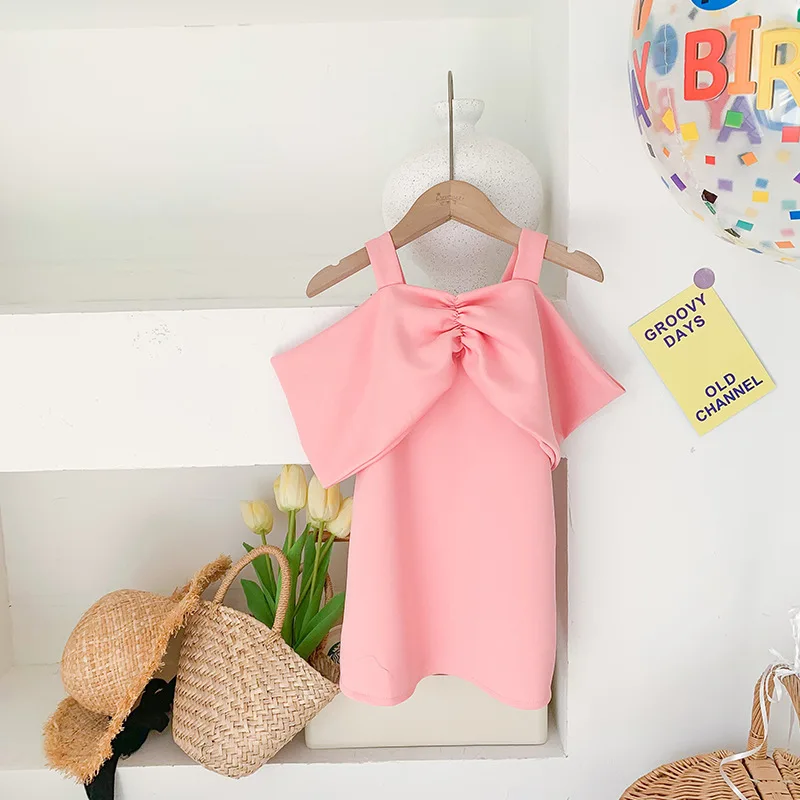 

2022 girls Korean version of the celebrity style grapefruit powder big bow air cotton suspender dress dress princess dress