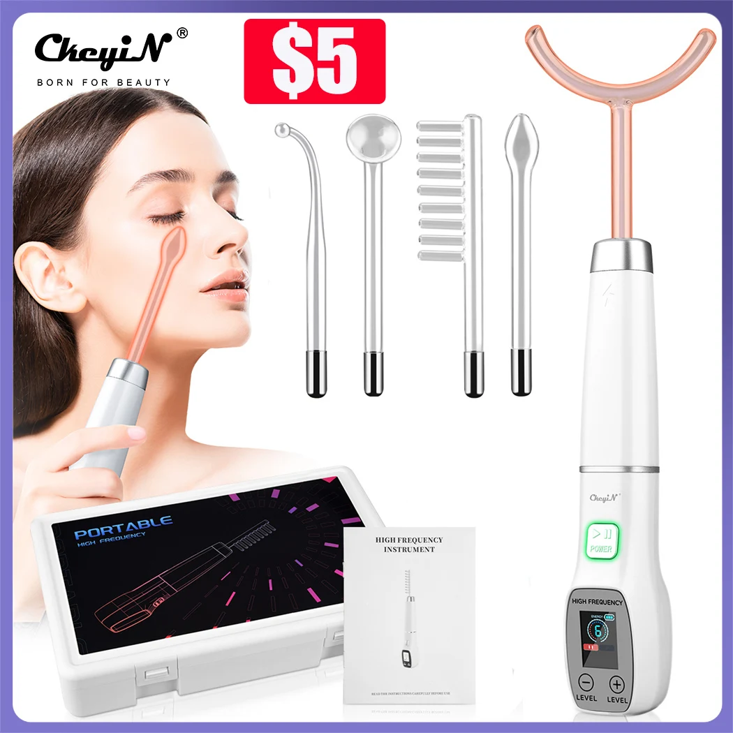 CkeyiN 5In1 LED High Frequency Electrode Wand Facial Machine Glass Tube Beauty Device Acne Spot Remover Face Neck Anti Wrinkle