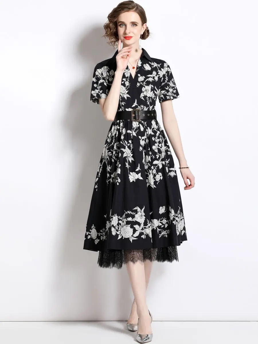 

Женское кружевное платье с поясом, элегантное приталенное платье с высокой талией и винтажным принтом в стиле пэчворк, Новое поступление на лето