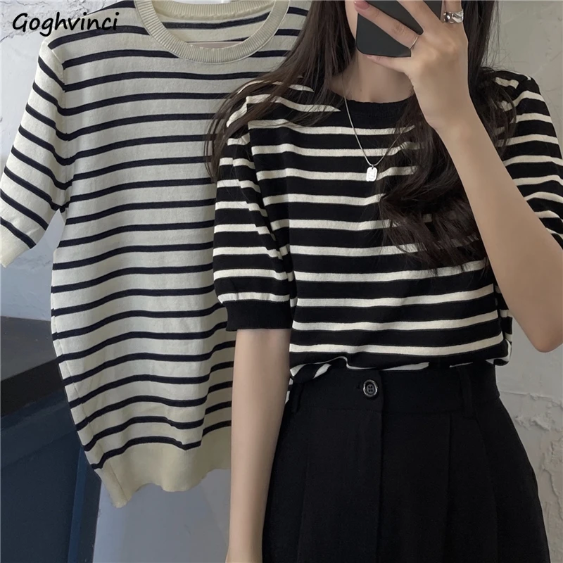 

T-Shirts Women O-neck Loose All-match Cozy Ins Basic Popular Trendy Striped Puff Sleeve Summer New Fashion Streetwear Breathable