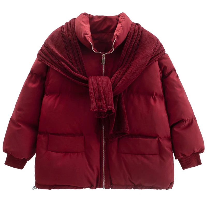 

2022 Autumn And Winter Coat Women's Parkas Casual Loose Cotton-padded Coat Red Warm Thick Solid Short Style Cotton Padded