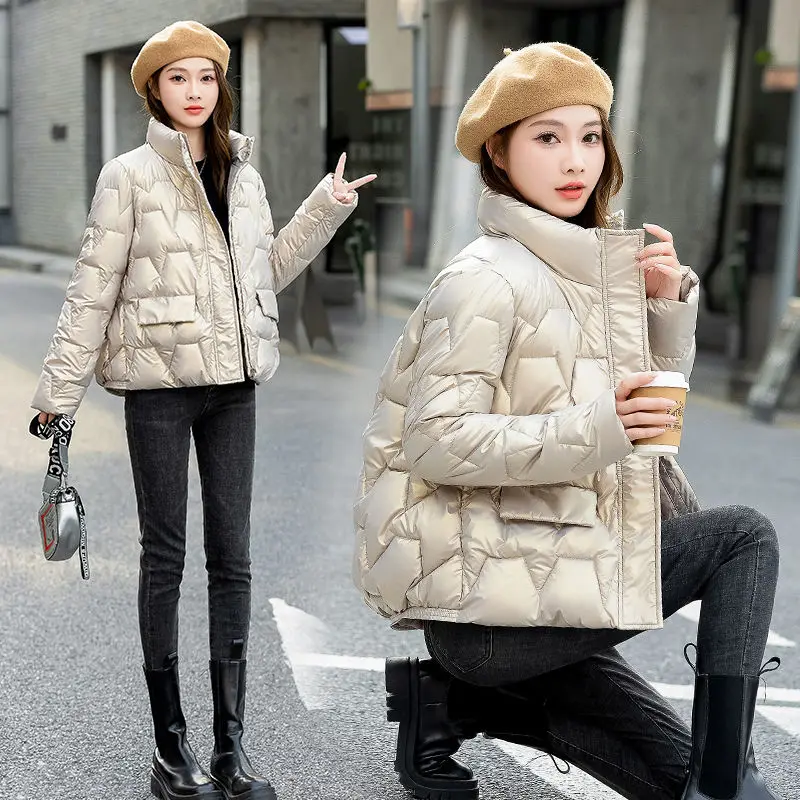 

Women 2023 New Winter Glossy Down Cotton Jackets Female Stand Collar Casual Warm Parka Ladies Short Cotton-padded Outwear S333